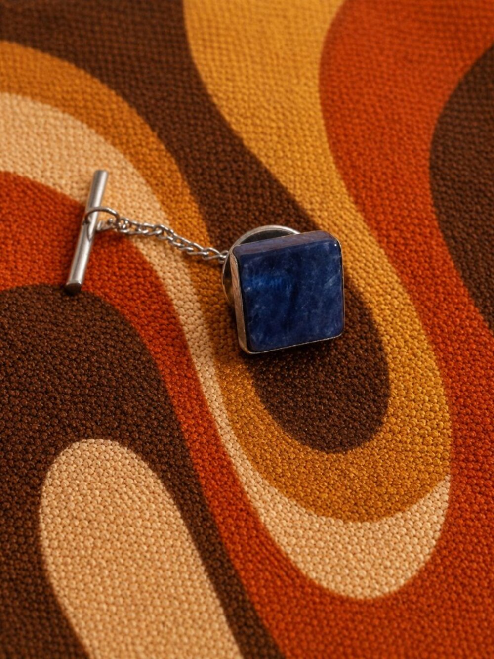 Blue Faux Marble Groovy 1970's Vintage Tie Tack Lapel Pin Brooch - Silver Tone